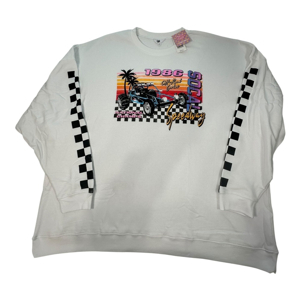 Ascot + Hart White Graphic Sweatshirt 1986 SoCal Speedway‎ Racing Checkered 3X